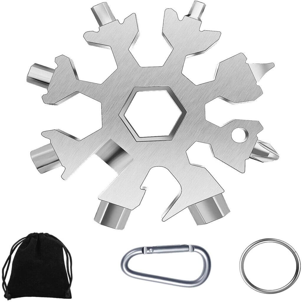 Snowflake Multi-Tool, 18-in-1 Snowflake Tool Stainless Steel with a Gift Bag, a Key Ring and a Carabiner Clip (Silver)
