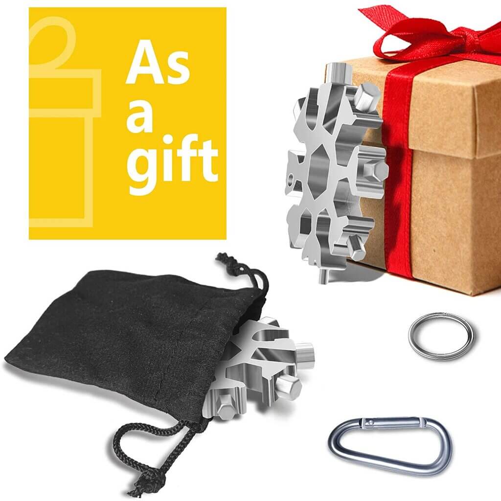 Snowflake Multi-Tool, 18-in-1 Snowflake Tool Stainless Steel with a Gift Bag, a Key Ring and a Carabiner Clip (Silver)