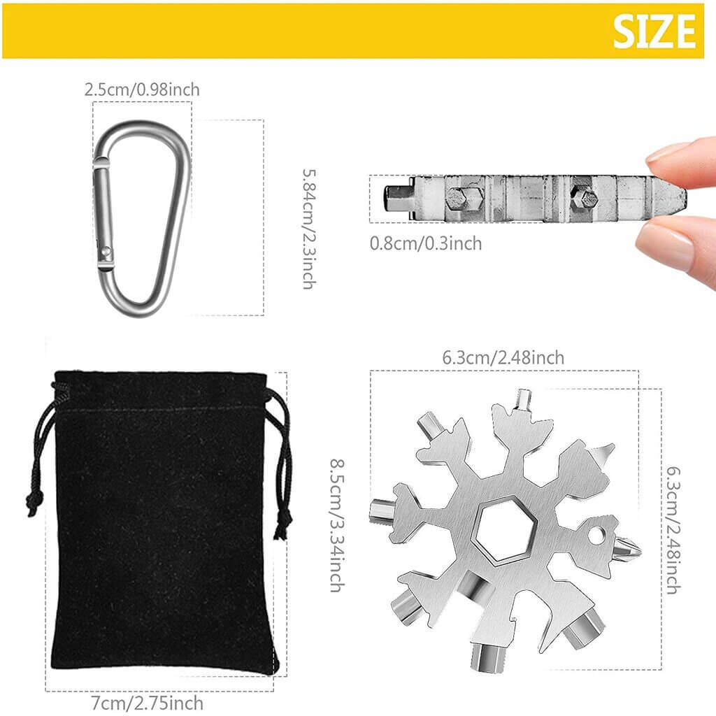 Snowflake Multi-Tool, 18-in-1 Snowflake Tool Stainless Steel with a Gift Bag, a Key Ring and a Carabiner Clip (Silver)