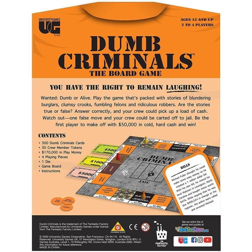 University Games Dumb Criminals Board Game, The Hilarious Party Game of True or False for 2 to 4 Players Ages 12 and Up