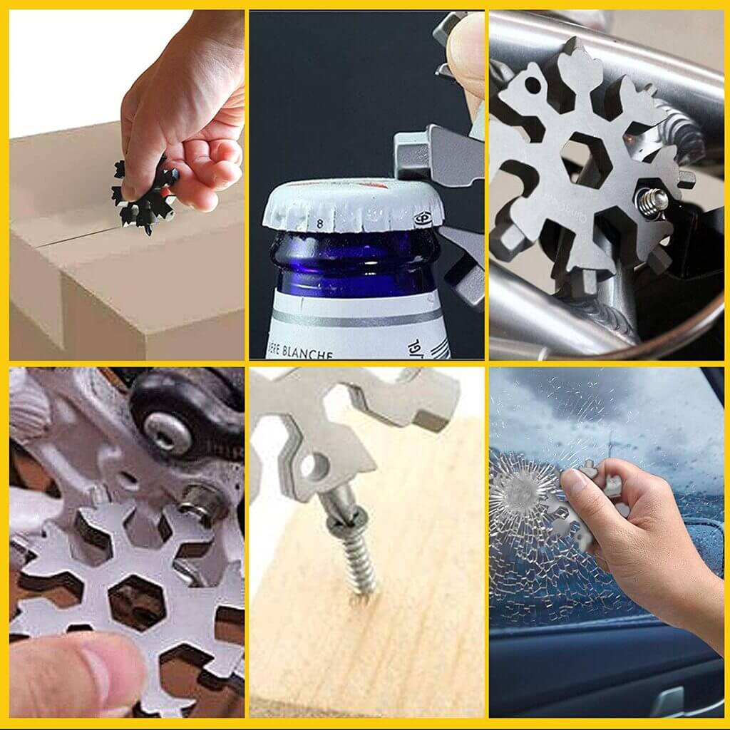 Snowflake Multi-Tool, 18-in-1 Snowflake Tool Stainless Steel with a Gift Bag, a Key Ring and a Carabiner Clip (Silver)
