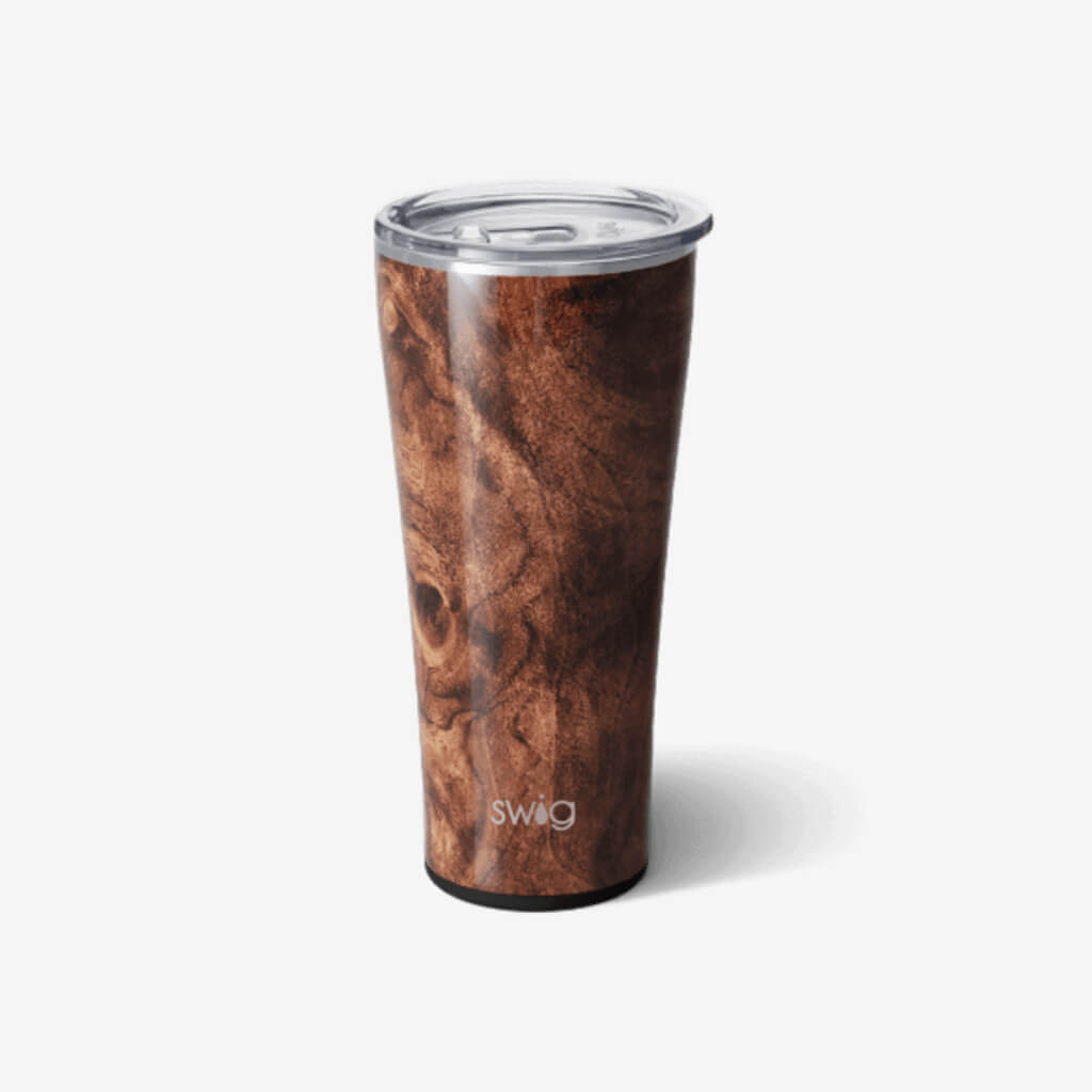 Whether you’re rough around the edges or admire sleek sophistication, this polished wood grain finish highlights the craftsmanship of nature  Thanks to Swig&#39;s triple insulation technology, this tumbler keeps drinks cold for up to 24 hours and hot up to 12 hours. This larger version of our classic tumbler still features a slim profile, making it cup holder friendly and comfy to hold. The increased capacity means you get to enjoy more of your favorite drinks with fewer refills!  Holds 32oz