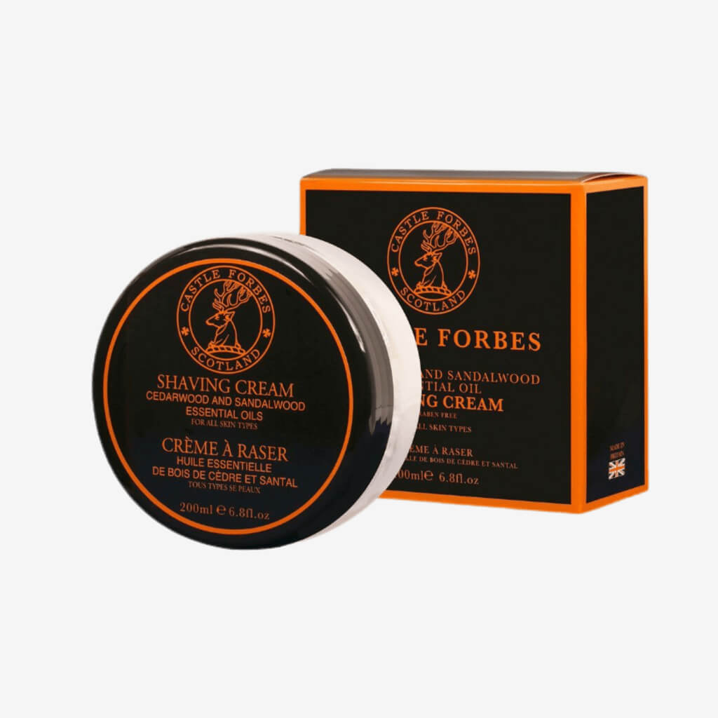 Subtle yet definitively manly, Castle Forbes Cedar and Sandalwood Shaving Cream collaborates with your expert brush technique, together producing a lubricating lather that protects your skin from nicks, cuts and shaving irritation.   Features:  ﻿Paraben-free For all skin types Lasts up to 5 months  Produces a rich abundant lather  Free from artificial fragrances and colours Enriched with witch hazel to soothe skin Use with a shaving brush for best results Made in Scotland