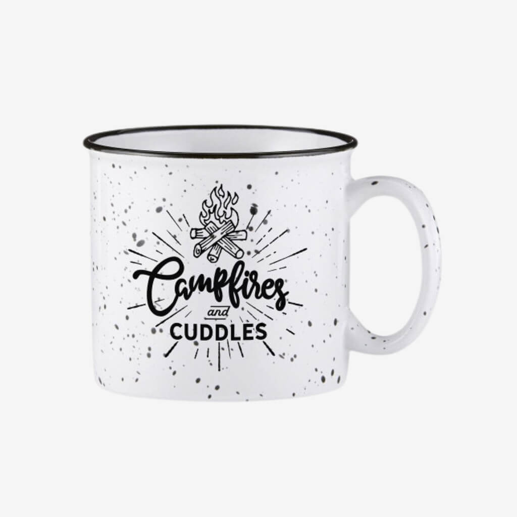 Enjoy your favorite hot beverage while camping either on the couch or by the fire pit with this Campfire mug.  White mug with black speckled enamel-look finish features the words: Campfire and cuddles.  Holding a generous 13 ounces, Campfire mugs feature thick walls to keep your drink warm and measure 4-inches in diameter and 3.5-Inches high and are microwave and dishwasher safe.  An easy and appreciated gift for camping buddies, friends and family