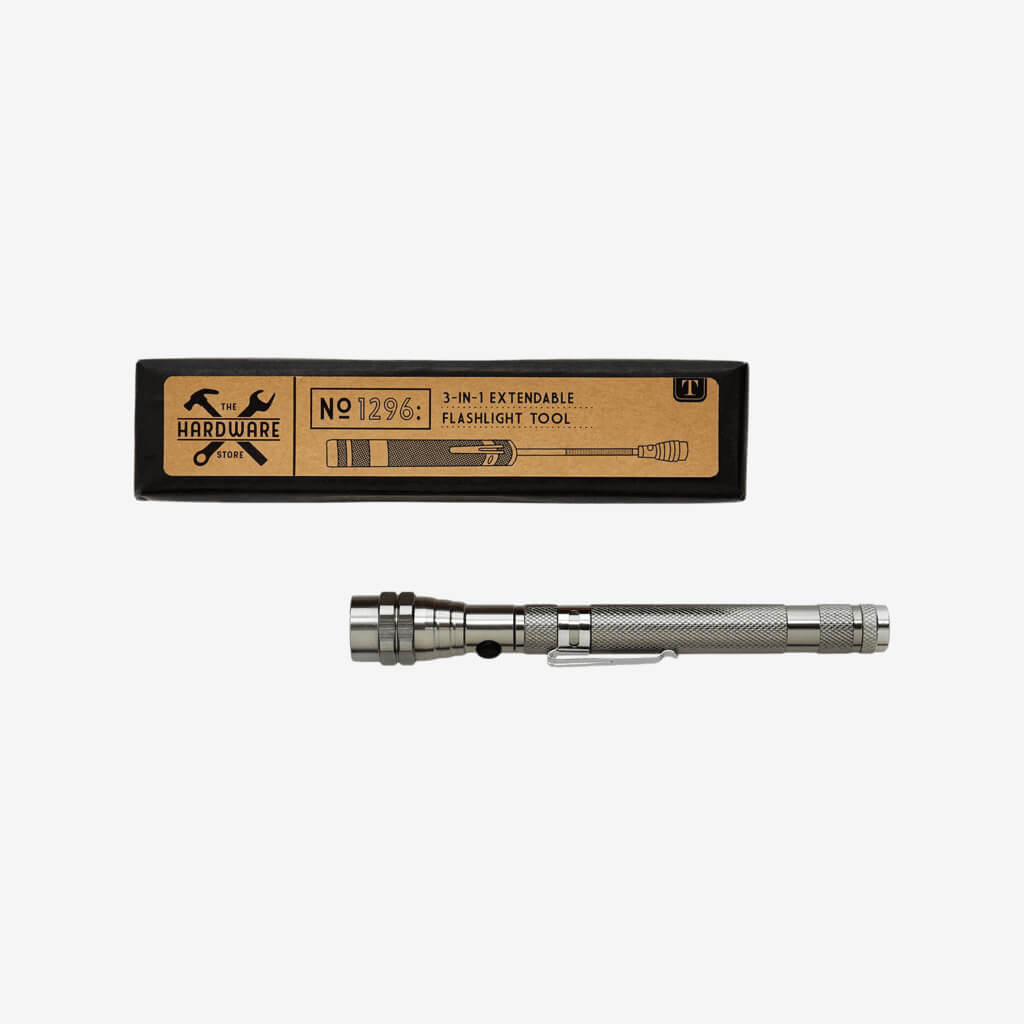 The Hardware Store 3-in-1 Extendable Bendable LED Flashlight Magnetic Pick-Up Tool in Gift Box  Extendable, bendable, unextendible magnetic flashlight. This flashlight has a telescoping head to put light where you need it. The magnetic end allows you to pick up nuts, bolts or any metal object in hard to reach places.   Presented in a handsome gift box