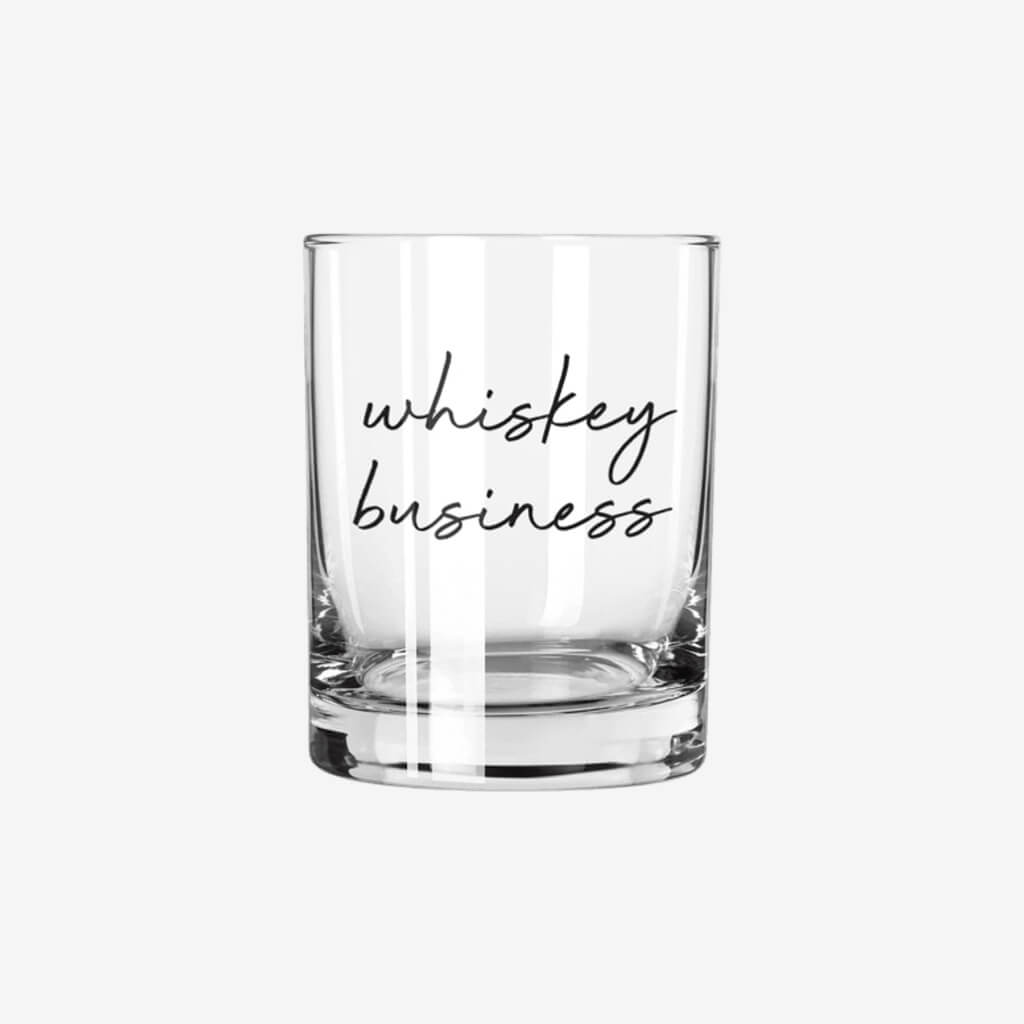 Welcome to your new favorite whiskey glass with a clever philosophical observation on the side in bold black lettering that reads: whiskey business  Holds 13. 5 ounces  This glass has a heavy base and sides to help ensure your prime drink is kept at an even temperature for longer periods.  Hand washing only is recommended.  An ideal gift for whiskey lovers  Both witty and stylish