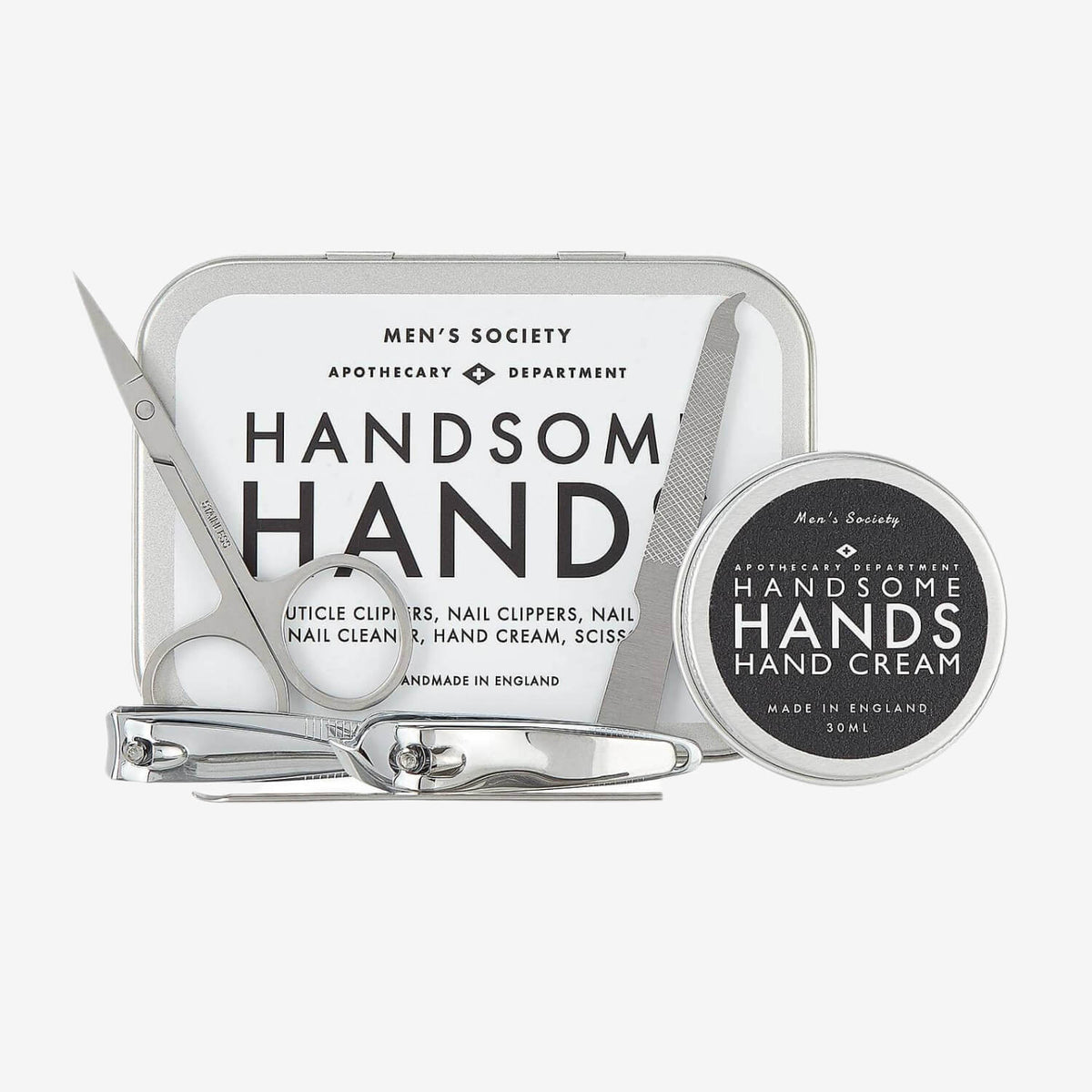 Suitable for: The well preened man. Hard working hands. Gifting the man who has it all.  Contains Moisturising Hand Cream. 30ml. The all natural age-old formulation, rich in vitamins and minerals, helps to moisturise skin, soothing the pores and conditioning the nails. With a light citrus masculine scent. Stainless steel nail clippers Stainless steel scissors. 8.6cm. Two nail files. For shaping and smoothing any rough edges.