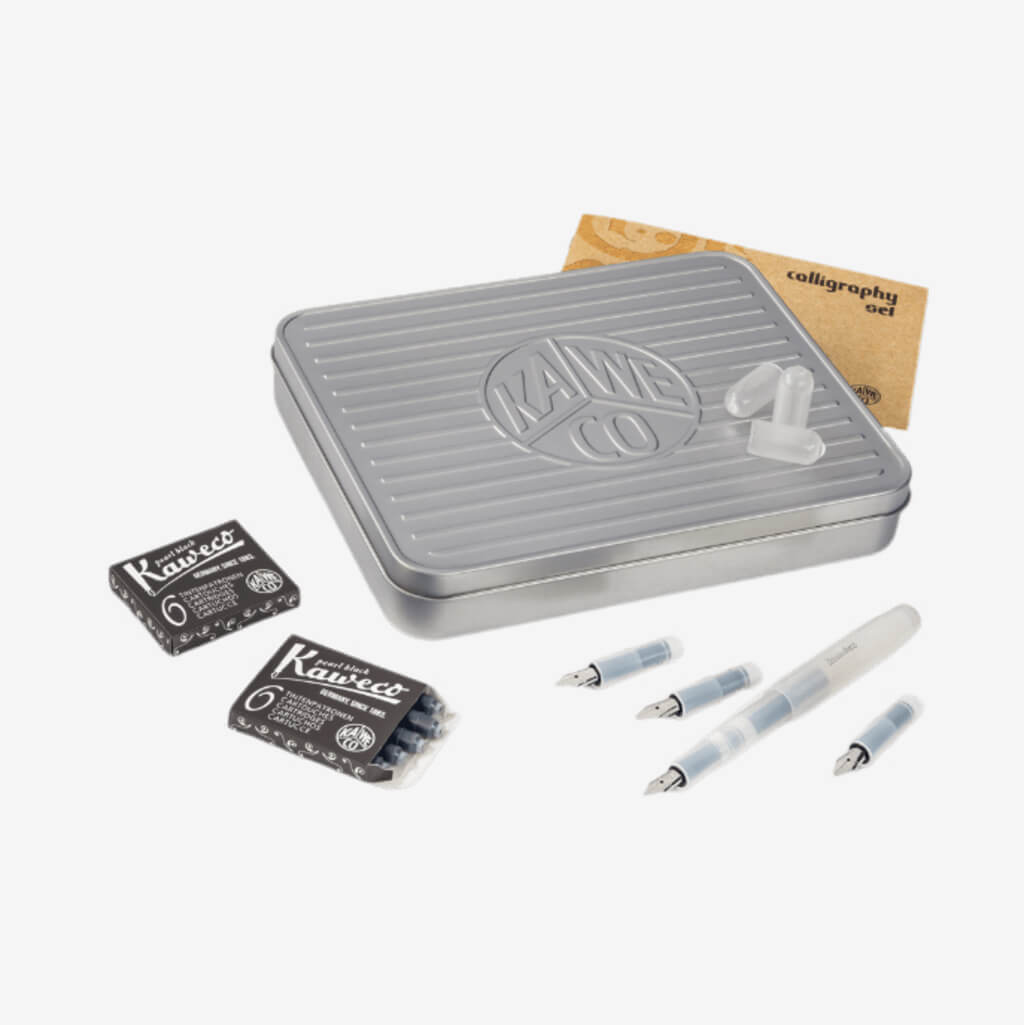  It includes one popular black body Kaweco Classic Sport fountain pen with four italic nib units (1.1 mm, 1.5 mm, 1.9 mm and 2.3 mm).  The set also includes three protective caps for the nibs and two boxes of Kaweco Fountain Pen Ink Cartridges in Black Ink (pack of 6 cartridges each for a total of 12 ink cartridges included). A variety of different color ink cartridge refills are available separately to make your words a beautiful and colorful piece of art.