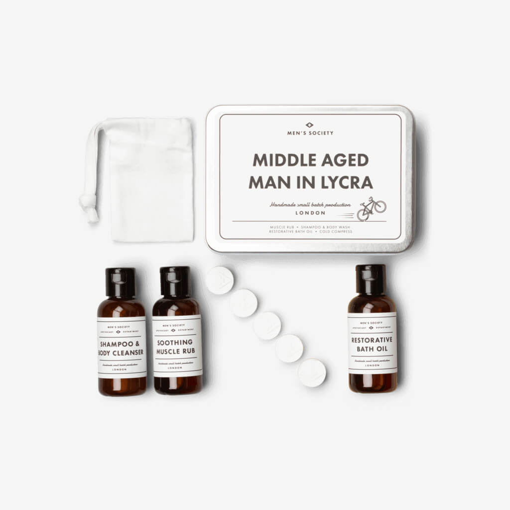 Middle age hits and the tyre around the waist can sometimes be a little hard to shift but hats off to you sir, you&#39;ve slipped into that skin tight lycra and putting the tyres to the tarmac. The main thing is you&#39;re out and keeping active. We like to (affectionately) refer to you guys as MAMILs. This kit has everything you need to carry on free-wheeling. Including our luxurious handmade cosmetics helping to restore and nourish your skin, muscles and soul.