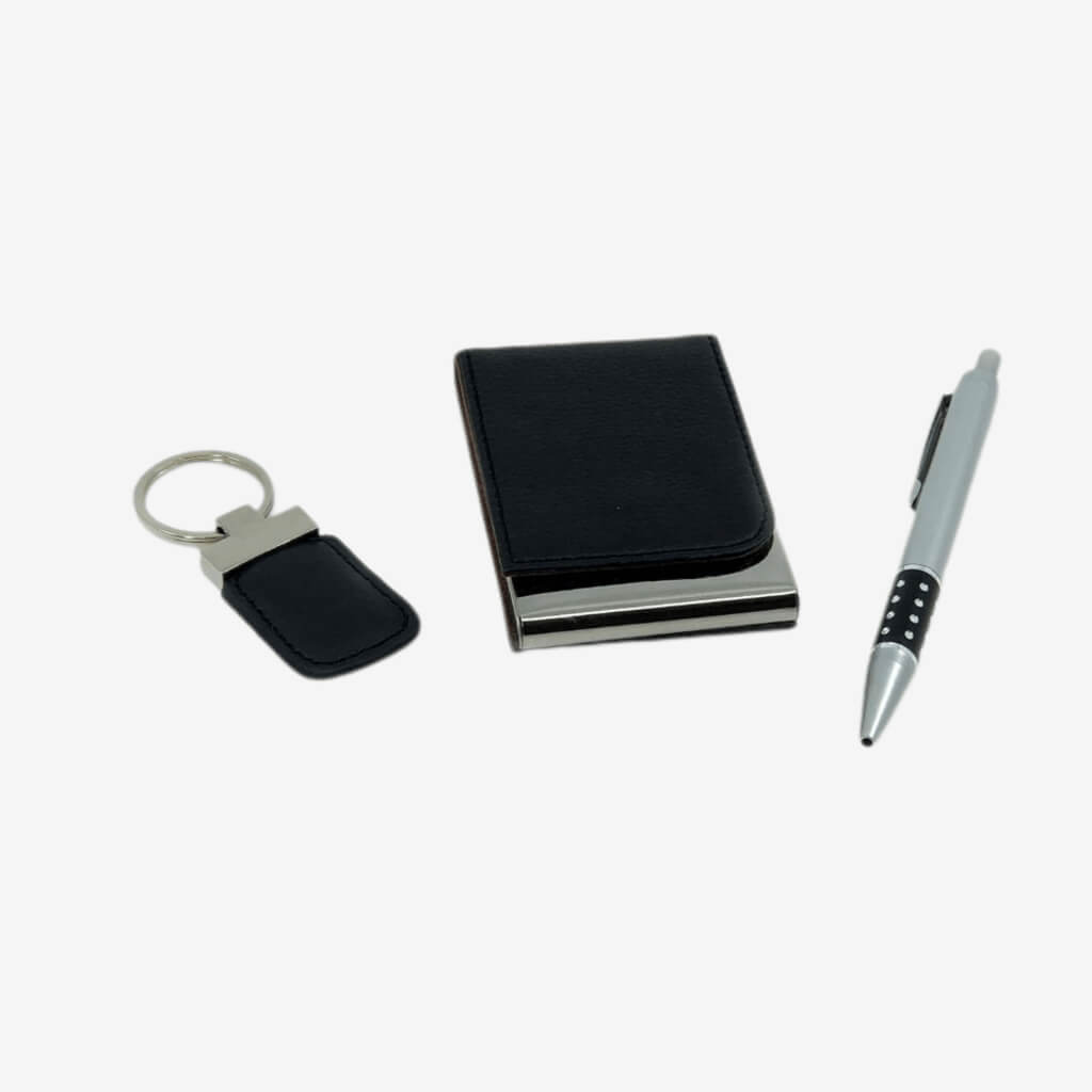 Distinguished gentlemen gifts!  Trio-gift sets for the man all about the business of looking good.  These make great gifts for any man at any occasion.   Includes: pen, keychain, and business card holder.