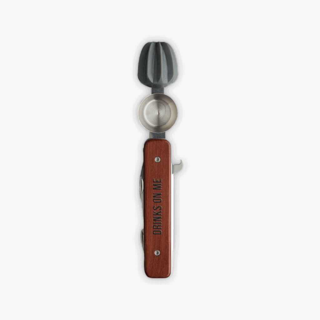 Be your own mixologist with this mix master multipurpose tool. A bottle opener, muddler, double sided jigger, strainer, small knife and a stirrer all in one!  Mix Master Multipurpose 10-in-1 Bartender Tool in Gift Box   Stainless Steel/Rose Wood