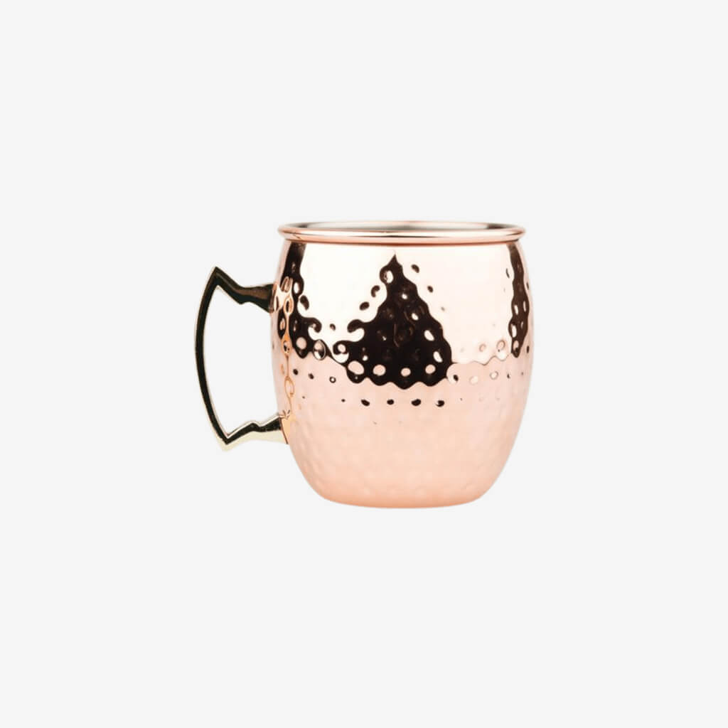 The hammered copper exterior on this Moscow Mule gives a twist to the traditional design.  The cup is made from commercial grade 304 stainless steel with a copper plated finish. The cast handle is features a brass plated finish.  Hand wash only