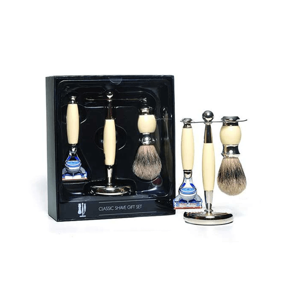 PureBadger Cream Collection Set: Faux Ivory Silvertip Shaving Brush, Fusion Razor &amp; Stand