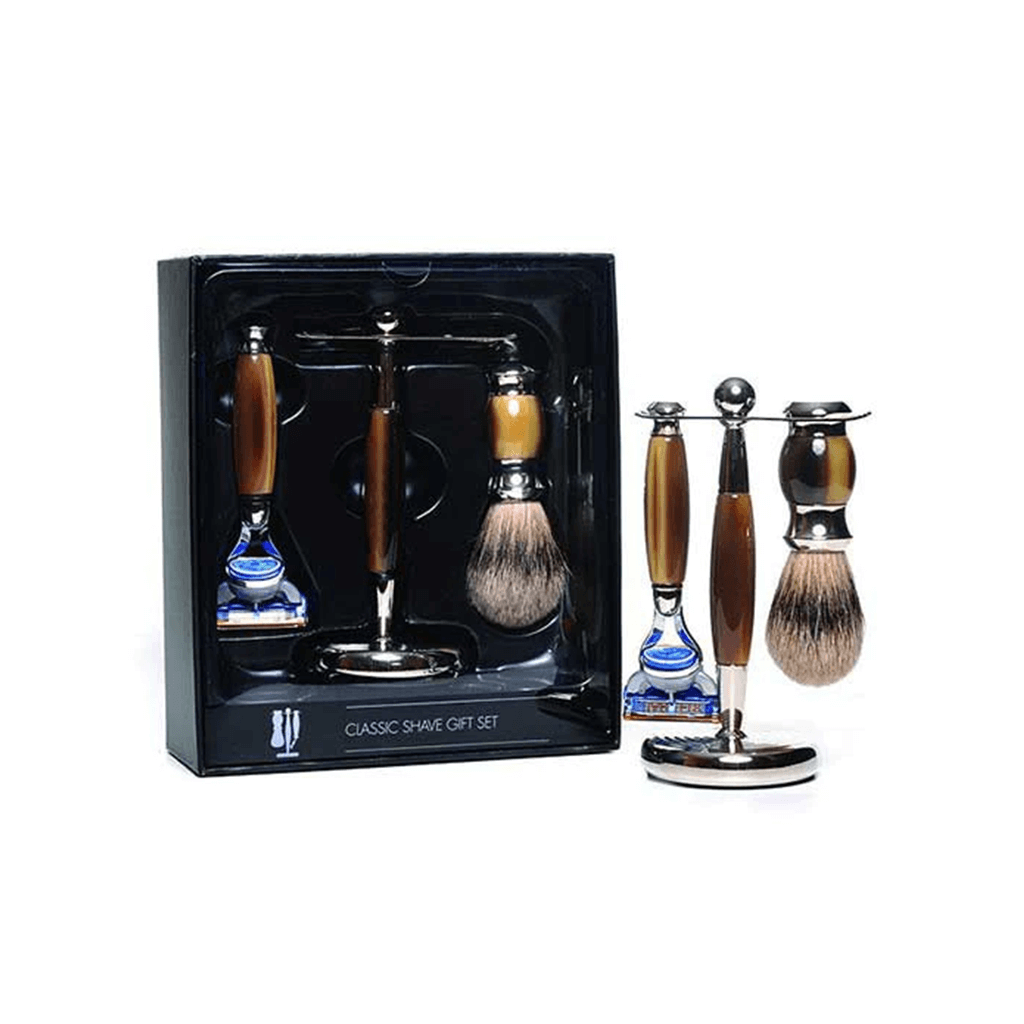 PureBadger Collection Brown Set, Faux Horn Silvertip Shaving Brush, Fusion Razor &amp; Stand