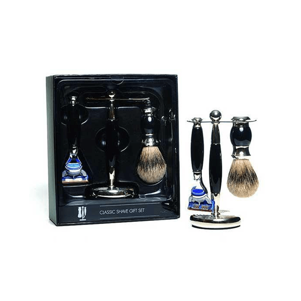PureBadger Collection Black Set, Faux Horn Silvertip Shaving Brush, Fusion Razor &amp; Stand