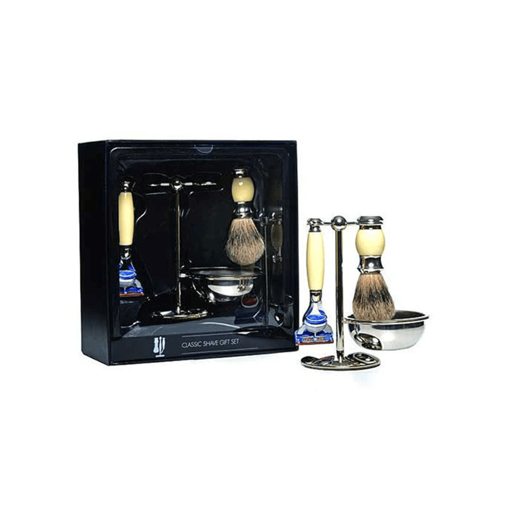 PureBadger Collection Cream 3pc Shaving Set, Faux Ivory Silvertip Shaving Brush, Fusion Razor &amp; Stand
