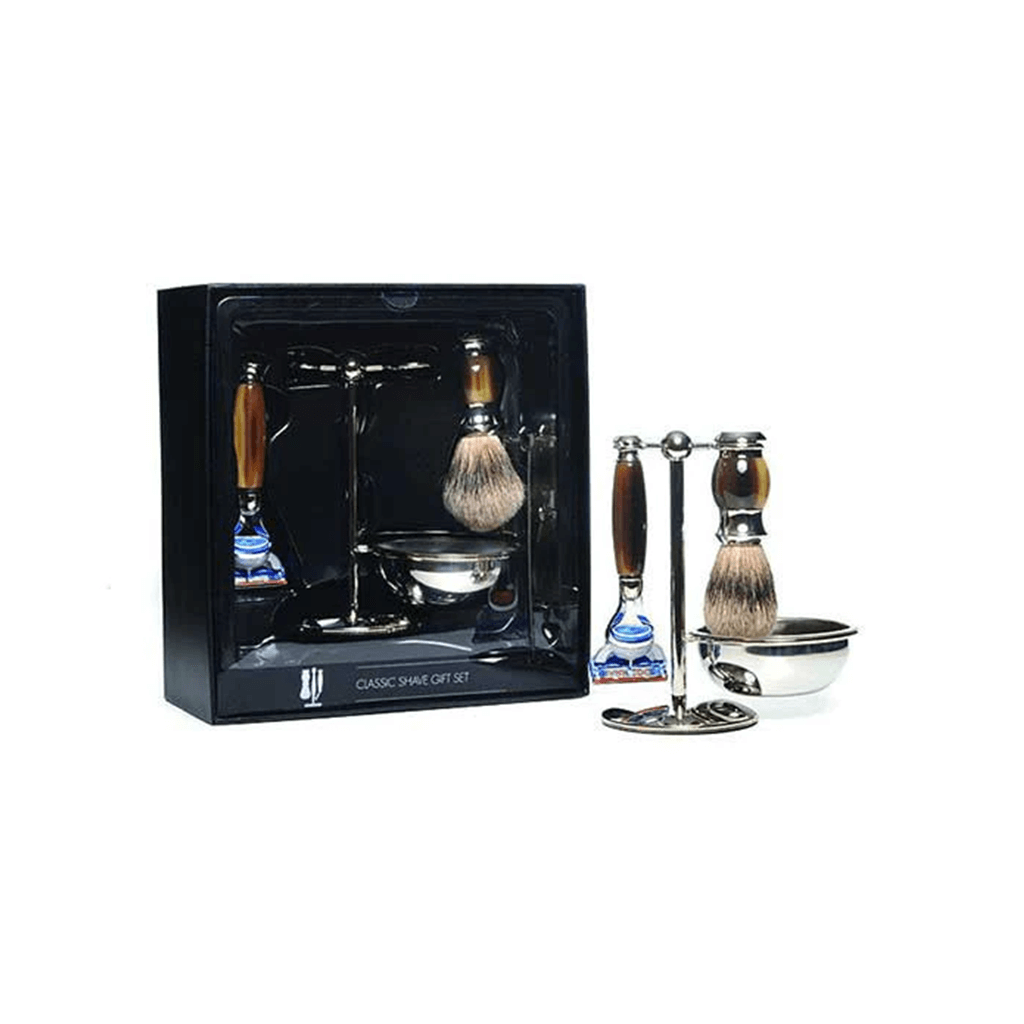 PureBadger Collection Brown 4pc Set, Faux Horn Silvertip Shaving Brush, Fusion Razor, Stand &amp; Bowl