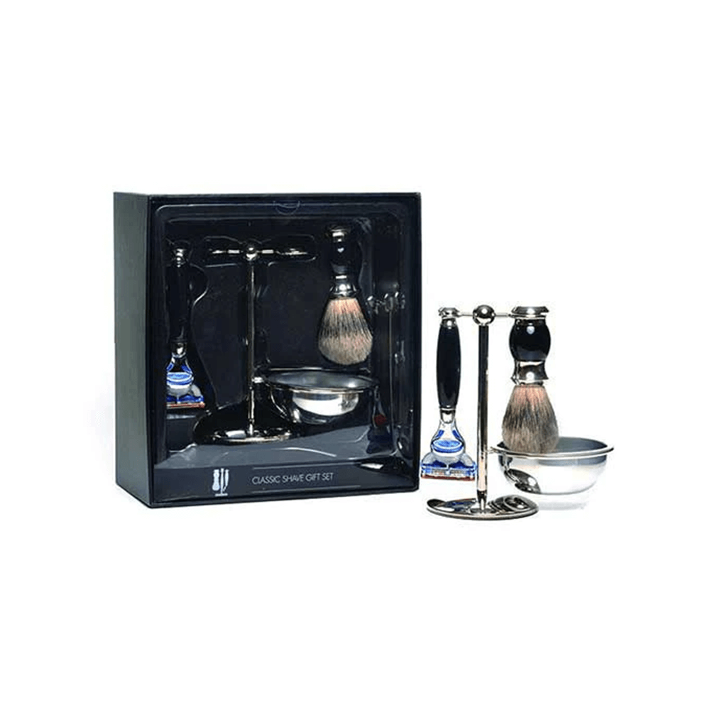 PureBadger Collection Black 4pc Set, Faux Ebony Silvertip Shaving Brush, Fusion Razor, Stand &amp; Bowl