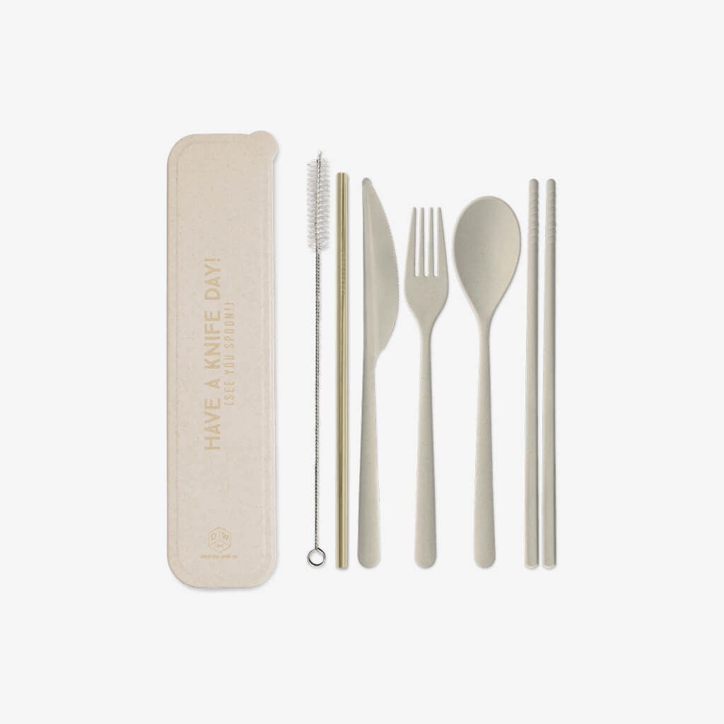 Celebrate, support, and bring awareness to planet conservation.  Earth conscious reusable flatware and straws set made of wheat straw and stainless steel. Includes one each of – knife, fork, spoon, stainless steel straw, 1 cleaning brush, a set of chopsticks, and a handy storing case.  You&#39;ll be saving the planet, one plastic fork at a time!   Comes packaged in an eco-storage case with gold silk screen artwork and is conveniently sized to stow ready for your next adventure!   