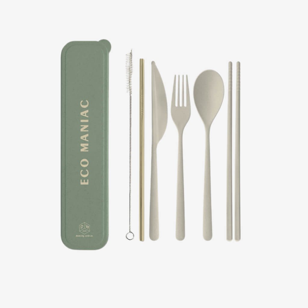 Celebrate, support, and bring awareness to planet conservation.  Earth conscious reusable flatware and straws set made of wheat straw and stainless steel. Includes one each of – knife, fork, spoon, stainless steel straw, 1 cleaning brush, a set of chopsticks, and a handy storing case.  You&#39;ll be saving the planet, one plastic fork at a time!   Comes packaged in an eco-storage case with gold silk screen artwork and is conveniently sized to stow ready for your next adventure!   