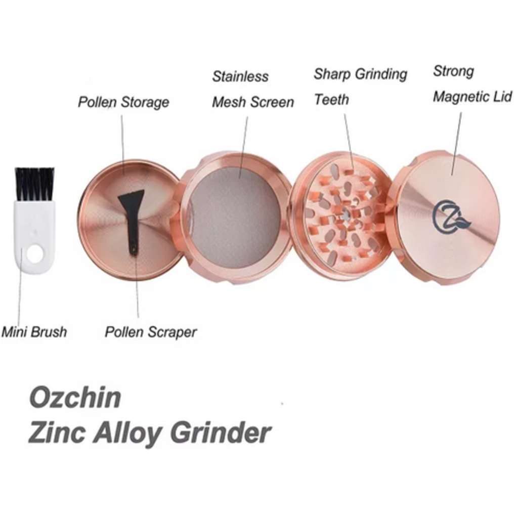 OZCHIN 4 Pieces Spice Herb Grinder 2.4&quot; Zinc Alloy with Pollen Scraper and Mini Cleaning Brush - Rose Gold