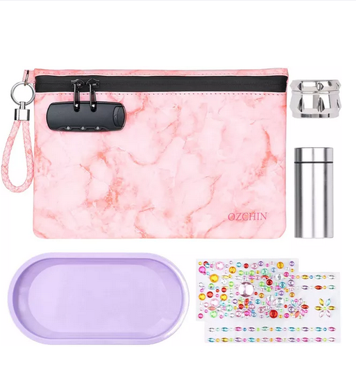 OZCHIN Smell Proof Bag Combo PU Leather Smell Proof Stash Container with Combination Lock 10 x 7 inches (Pink)