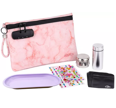 OZCHIN Smell Proof Bag Combo PU Leather Smell Proof Stash Container with Combination Lock 10 x 7 inches (Pink)