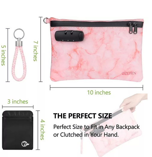 OZCHIN Smell Proof Bag Combo PU Leather Smell Proof Stash Container with Combination Lock 10 x 7 inches (Pink)