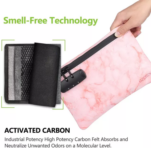 OZCHIN Smell Proof Bag Combo PU Leather Smell Proof Stash Container with Combination Lock 10 x 7 inches (Pink)