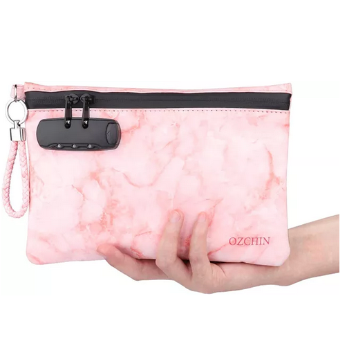 OZCHIN Smell Proof Bag Combo PU Leather Smell Proof Stash Container with Combination Lock 10 x 7 inches (Pink)