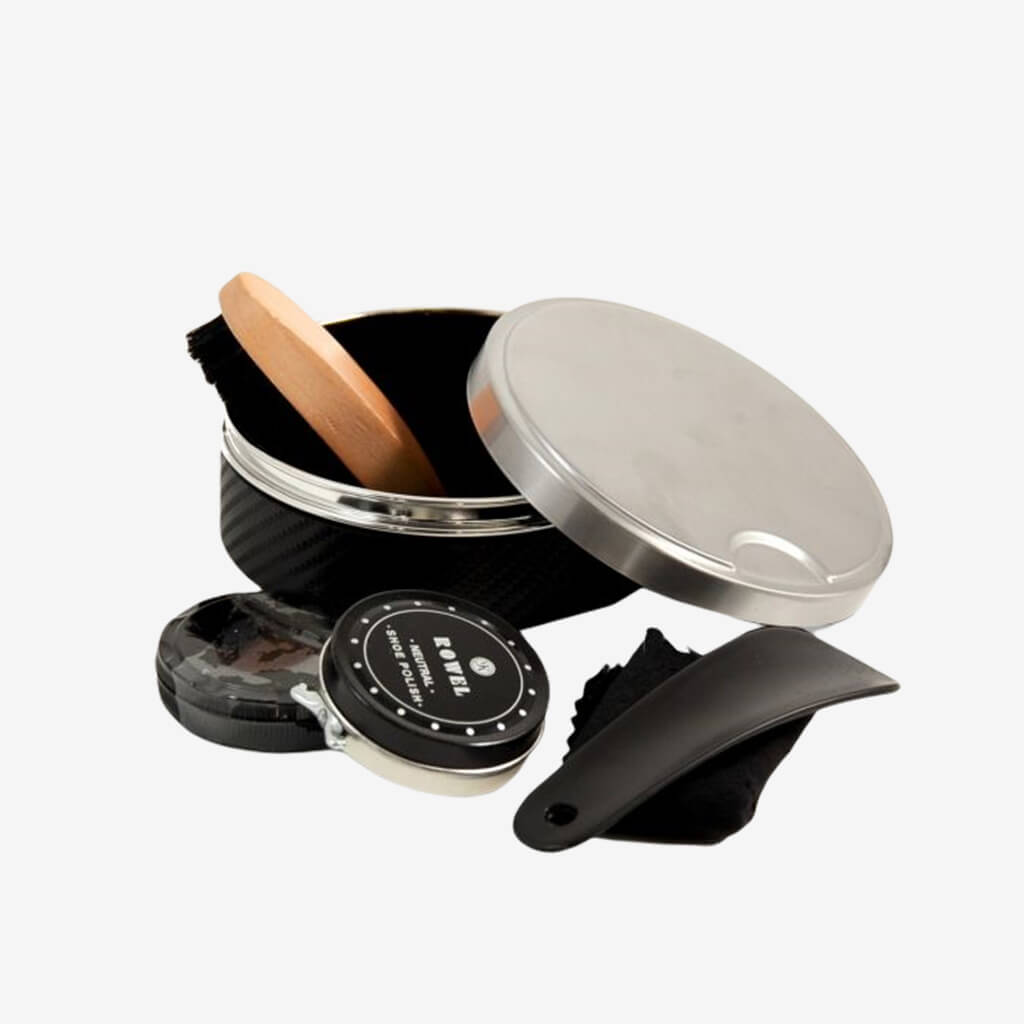 Shoe Shine Set in Stainless Steel &amp; Black Leather Case