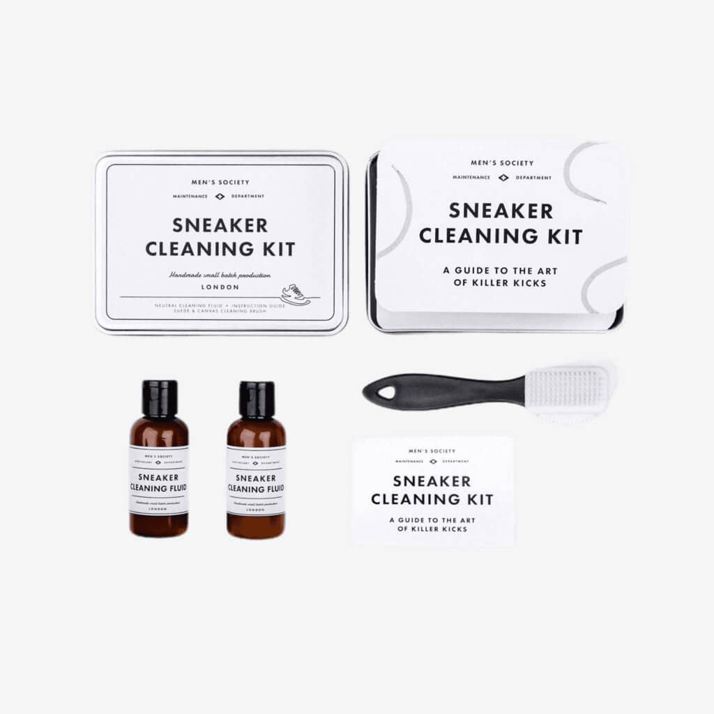 Keep your kicks looking fresh.  This cleaning kit is a godsend for sneakerheads: It’s equipped with everything you need—cleaning fluid, suede, and canvas brush—to keep scuffs, stains, and blemishes at bay. Plus, it comes in a giftable tin box. Includes: 2 bottles sneaker cleaning fluid &amp; brush Safe for leather, suede, nubuck, vinyl, cotton mesh. Do not use on dyed suede.