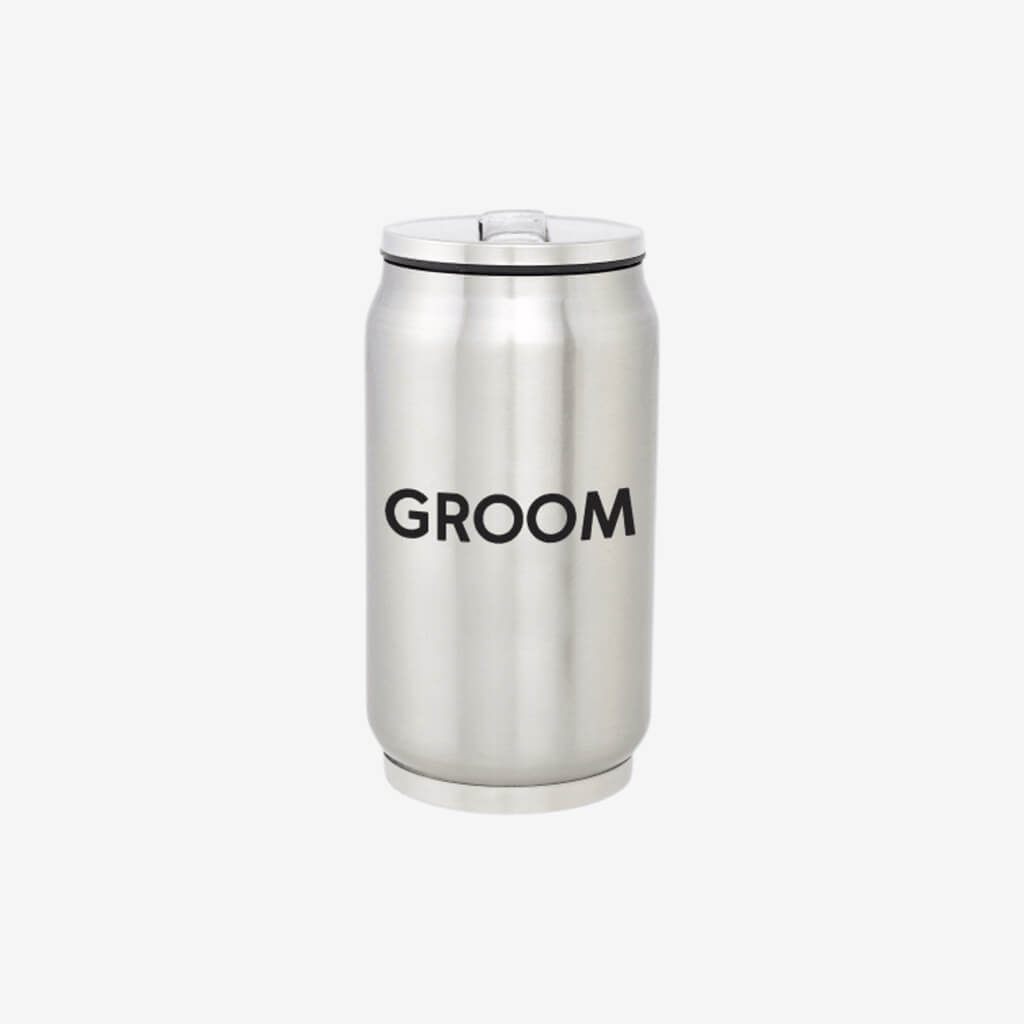 Stainless Steel Travel Tumbler Keeps drinks cold for 6 hours BPA-free plastic lid and a collapsible straw prevents spills Stands 5.5-inches tall Holds 10-ounces of liquid courage Beer Can shape with a sentiment that reads &quot;GROOM&quot; A great gift for the Groom that will keep him hydrated on the big wedding day