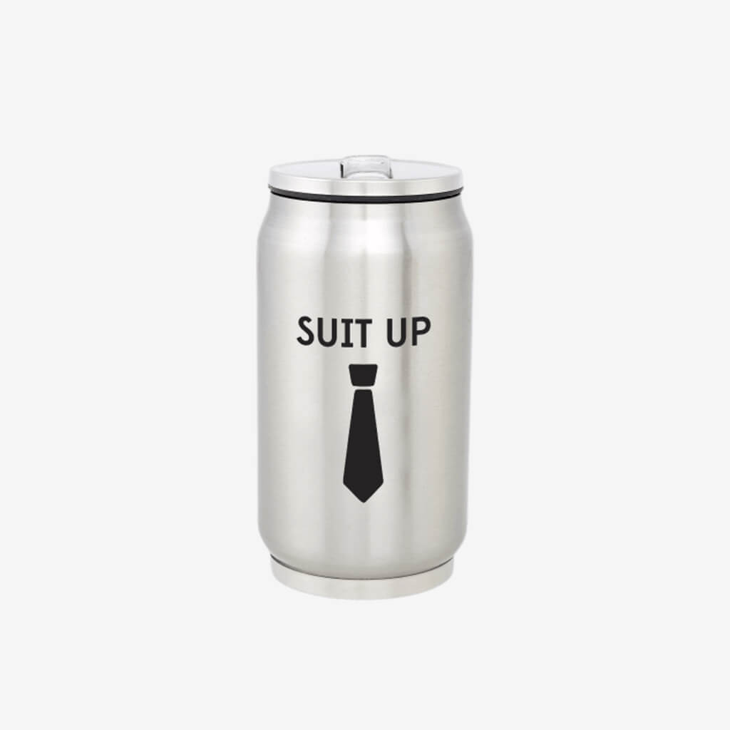 Stainless Steel Travel Tumbler Keeps drinks cold for 6 hours BPA-free plastic lid and a collapsible straw prevents spills Stands 5.5-inches tall Holds 10-ounces of liquid courage Beer Can shape with a sentiment that reads &quot;SUIT UP&quot; A great gift for Groomsmen that will keep them hydrated at the Bachelor party and on the big wedding day