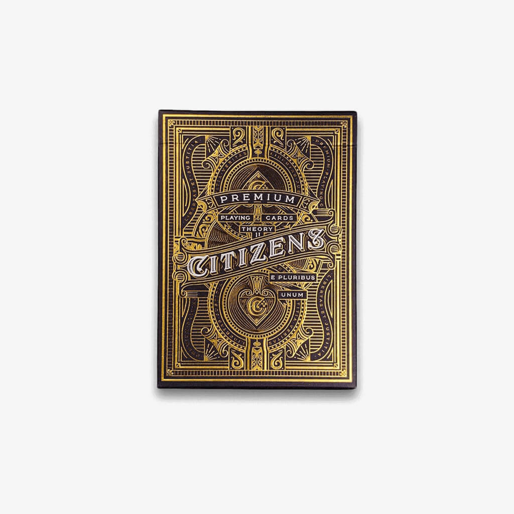 Citizens™ are the most intricate, breathtaking playing cards ever produced by Theory 11.  For the first time, they combined gold foil, hot stamping, and bronze foil to create a box design that’s eye catching, elegant, and sophisticated. Even the inside of the box has a breathtaking, intricate guilloche pattern. The Joker and back design bear the Latin phrase “Audentes Fortuna Iuvat.” Fortune favors the brave. The Ace of Spades features an iconic Citizen “C” emblem.