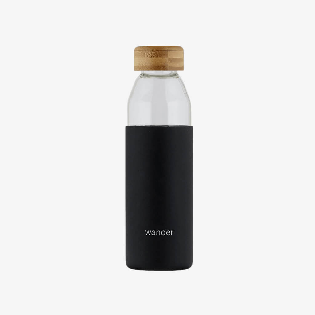 Glass Water Bottle in a Silicone sleeve to keep all drinks cool.  Bamboo lid adds an environmentally friendly touch  Reduce, Reuse, Recycle by using glass instead of plastic   