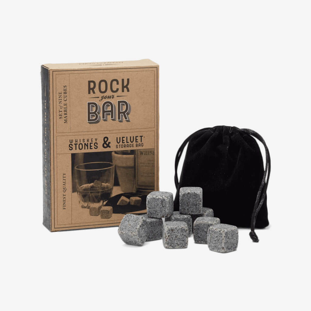 Rock Your Bar Set of 9 Whiskey Stones for the whiskey lovers.  These marble stones are tumbled to create soft edges making them easy to use.  Store these in the freezer and pop in your drink when you&#39;re ready to serve to keep your whiskey cold without watering it down!  Presented in a velvet gift bag in a gift box