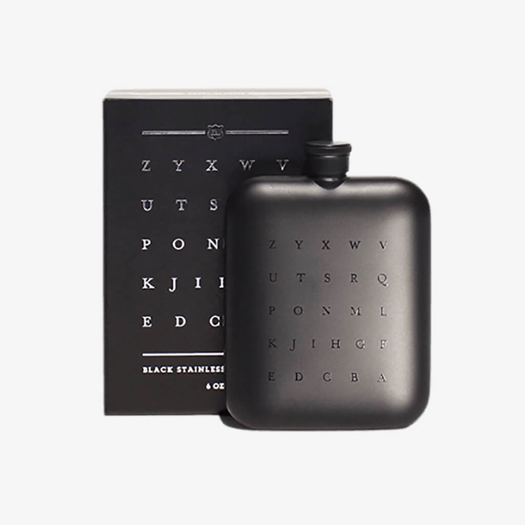 A sleek and sophisticated stainless steel hip flask.  Embossed with an eye test inspired design onto matt black.  Capacity: 170ml