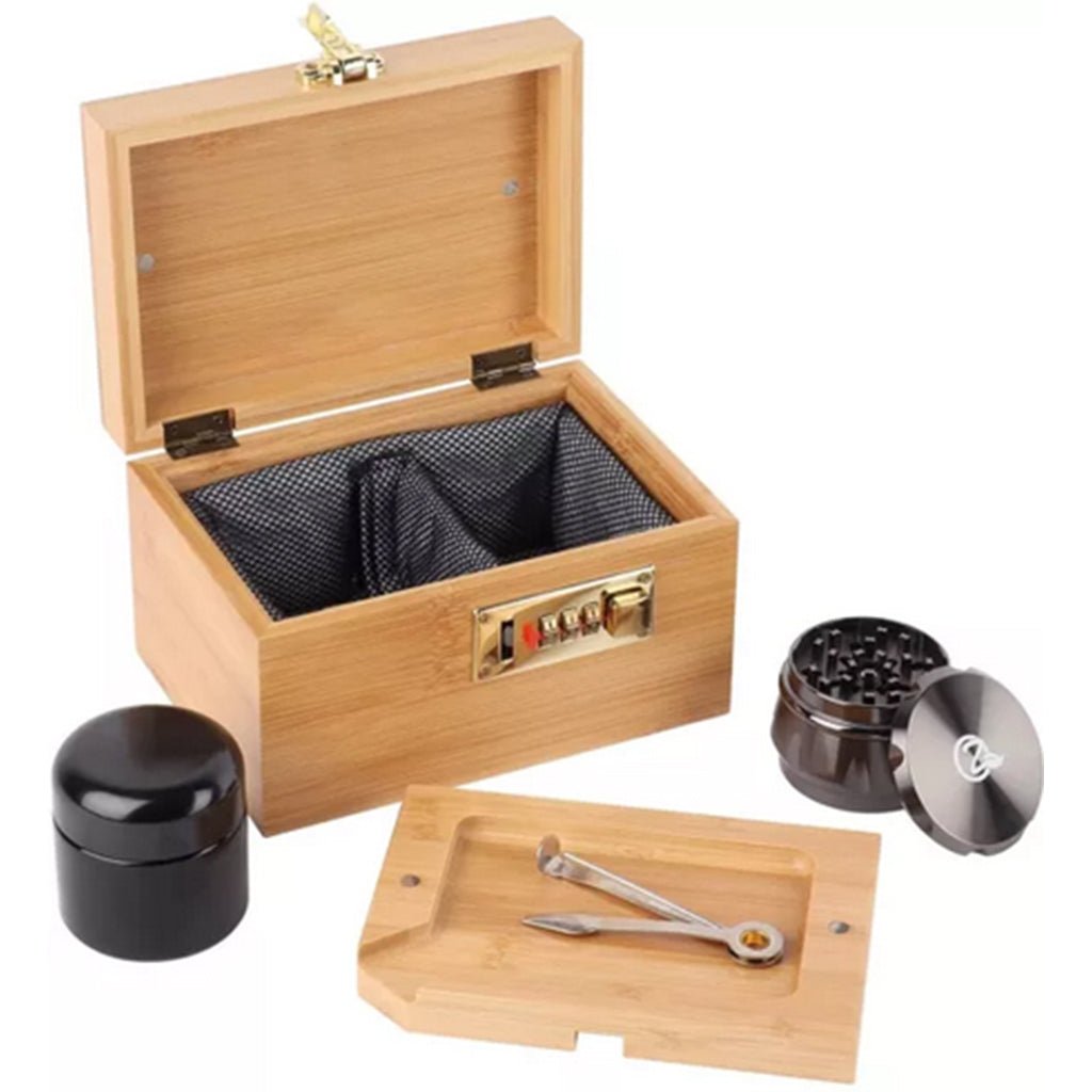 Bamboo Storage Box with Lock - Decorative box for Home Locking Bamboo Box with Grinder, Glass Jar, Tray - The Gifted Man