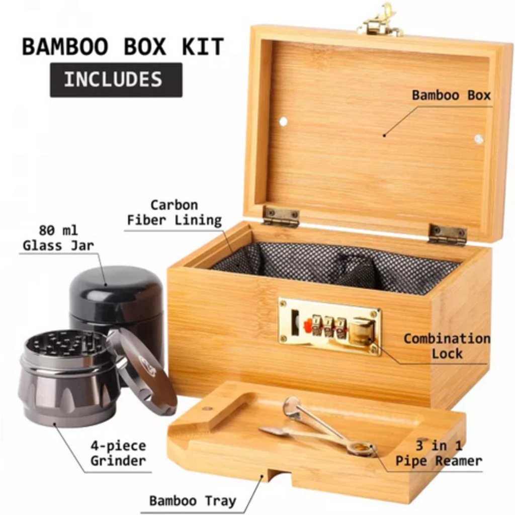 Bamboo Storage Box with Lock - Decorative box for Home Locking Bamboo Box with Grinder, Glass Jar, Tray - The Gifted Man