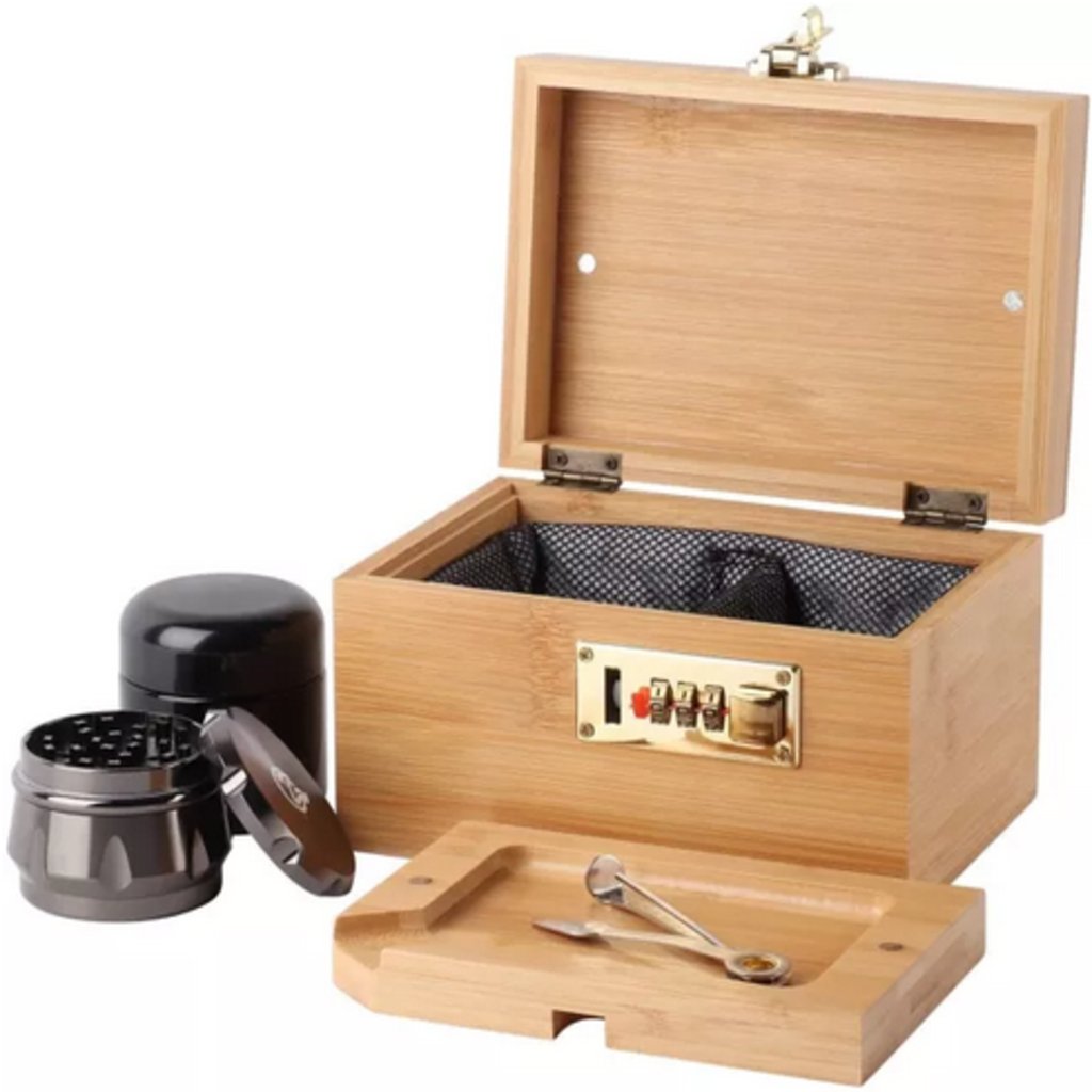 Bamboo Storage Box with Lock - Decorative box for Home Locking Bamboo Box with Grinder, Glass Jar, Tray - The Gifted Man