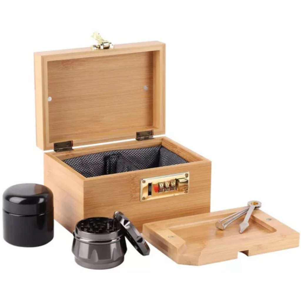 Bamboo Storage Box with Lock - Decorative box for Home Locking Bamboo Box with Grinder, Glass Jar, Tray - The Gifted Man