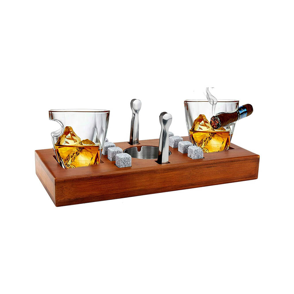Bezrat Set Of 14 Twist Cigar Glasses On Wooden Stand - Brown - The Gifted Man