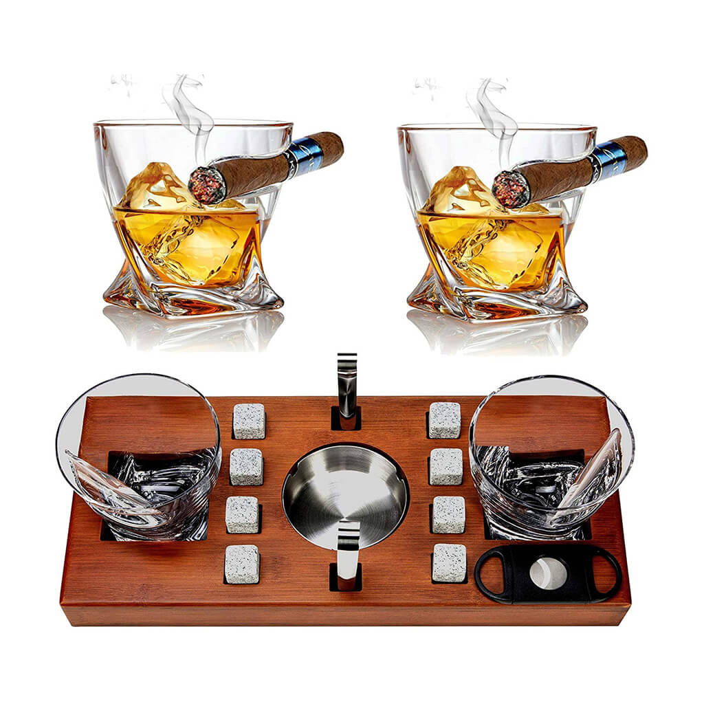 Bezrat Set Of 14 Twist Cigar Glasses On Wooden Stand - Brown - The Gifted Man