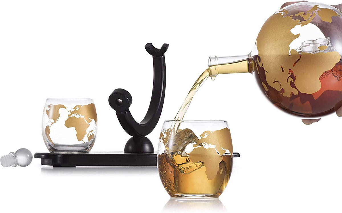Whiskey Decanter Globe Set - 2 10 oz Gold Etched Globe Glass