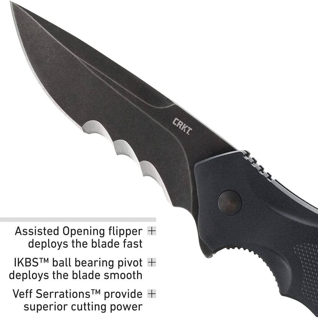 CRKT Shenanigan Flipper Folding Knife, Assisted Opening, Veff Serrations, GFN Black, - The Gifted Man