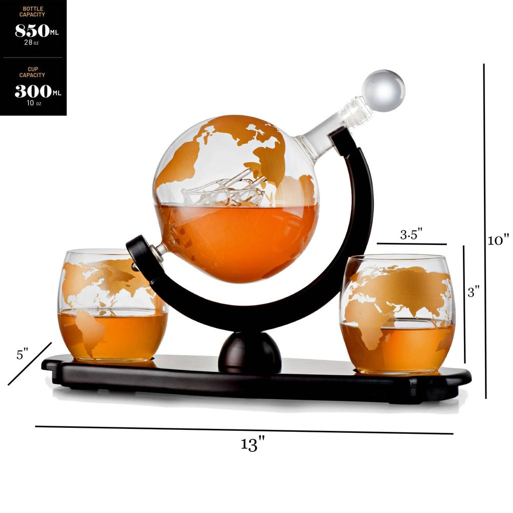 Whiskey Decanter Globe Set - 2 10 oz Gold Etched Globe Glass