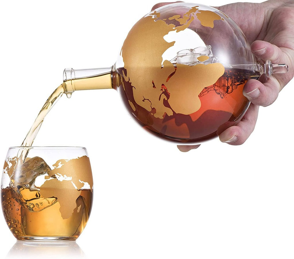 Whiskey Decanter Globe Set - 2 10 oz Gold Etched Globe Glass