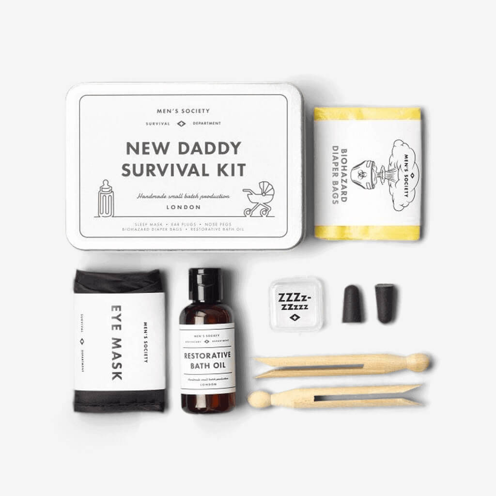 They say that becoming a parent is a magical thing. Maybe so, but sleep is much nicer. Help him through this troubling time with the new daddy survival kit!  Just don&#39;t let him claim any sympathy - he&#39;ll be perfectly rested and content.  This personalised gift set contains a hand made heavenly bath oil.  It is a calming blend of sandalwood and lavender.  It also comes with essential ear plugs and everything else he needs to make having a baby the best time of his life.