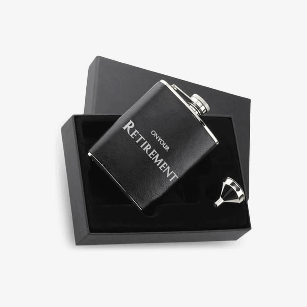 Retirement Flask &amp; Funnel Set Holds: 6oz Stainless Steel Black Buffalo Leather Wrap Gift Box with Funnel